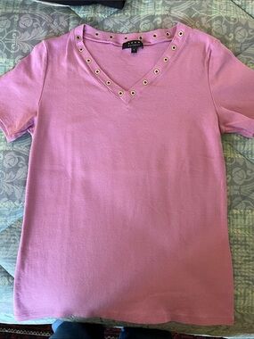 KOAN Pink V-Neck Short Sleeve Tee with Grommet Detail